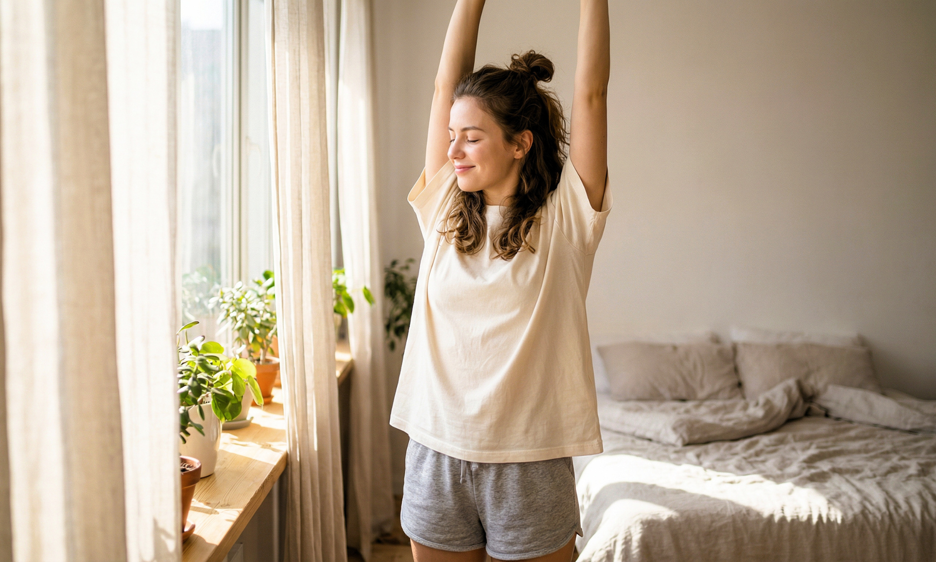Routine mattutina: inizia la giornata con energia e benessere Donna si sveglia e si stiracchia vicino alla finestra in una camera luminosa, esempio di routine mattutina sana