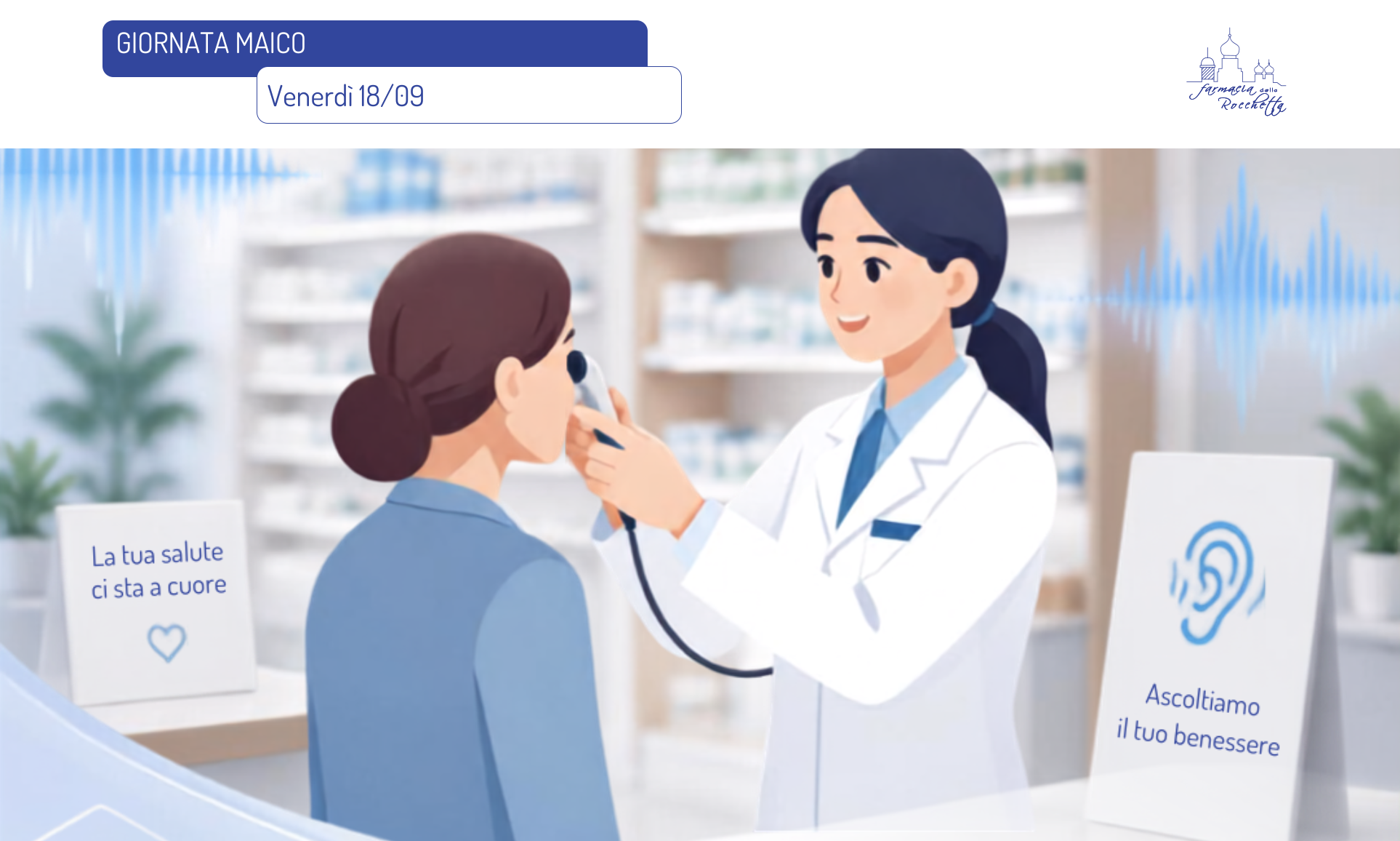 Giornata MAICO in Farmacia dedicata al controllo dell’udito, con professionista che effettua un test uditivo a una paziente