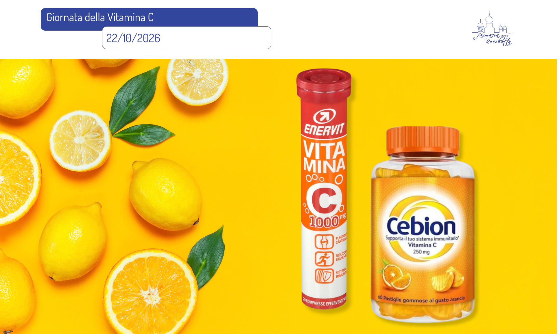 Giornata della Vitamina C in Farmacia con integratori a base di vitamina C e agrumi su sfondo giallo.