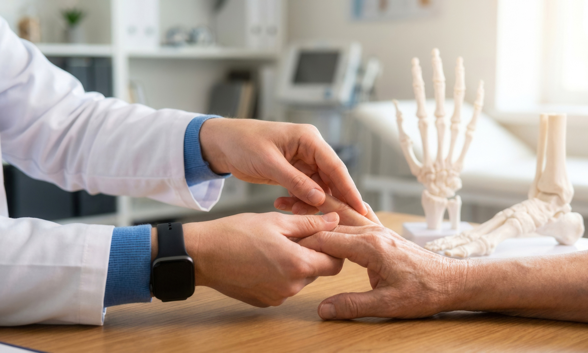 Professionista sanitario controlla la mano di una persona anziana, con modelli anatomici di mano e piede sullo sfondo, in occasione della Giornata Mondiale dell’Osteoporosi.